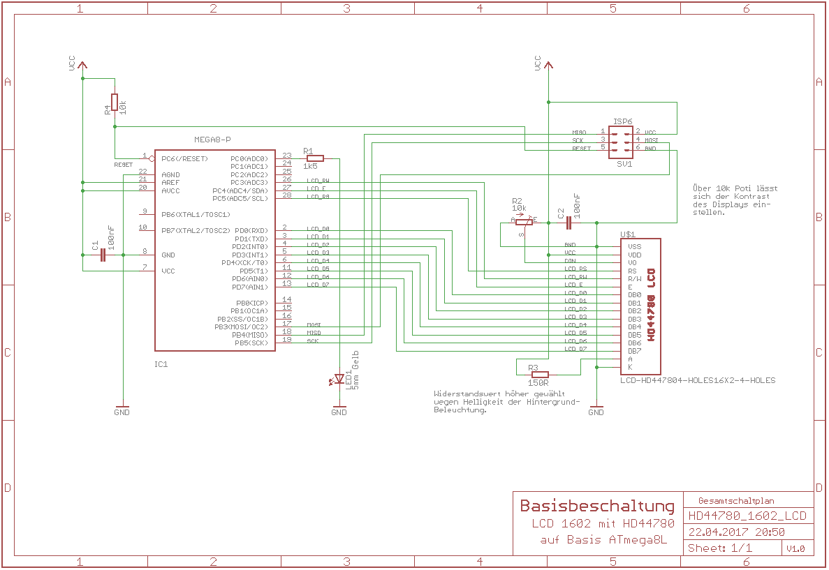 Schematische Basisbeschaltung des LCD-Displays an einem ATmega8
